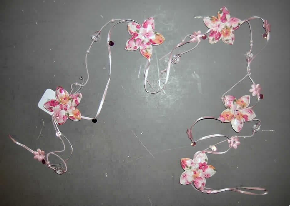 Andere konfektionierte Spinnstoffware, sog. Girlande Blüte, Artikel 38957, siehe beigefügtes
Foto,
- mit einer Länge von ca. 142 cm,
- bestehend aus:
-- 5 stilisierten Blüten (Durchmesser: ca. 6 cm) aus doppellagig zusammengeklebten
   Zuschnitten; die Zuschnitte sind jeweils vierlagig an den Rändern zusammengeklebt
   und bestehen aus einer transparenten Kunststofffolie (Außenseite), einer Zwischenlage
   aus bedruckten Geweben aus Spinnstoffen, die durch die transparente Kunststofffolie
   nach außen hin sichtbar sind, einer weiteren Zwischenlage aus Schaumkunststoff und 
   einer Innenlage aus Gewirken aus Spinnstoffen,  
-- einem 0,4 cm breiten Band aus einfarbigen Geweben aus Spinnstoffen mit aufgeklebten,
   kleinen (Durchmesser: ca. 2 cm), stilisierten Blüten aus Geweben aus Spinnstoffen sowie 
   mit an einem Ring aus unedlem Metall angehängten Pailletten aus Kunststoff; an einem 
   Ende mit einer Schlaufe zum Aufhängen ausgestattet,
-- einem parallel verlaufenden Bindfaden aus Spinnstoffen mit aufgefädelten Perlen aus
   Kunststoff mit einem Durchmesser von ca. 6 mm bzw. 1,4 mm; an einem Ende mit einer 
   Schlaufe zum Aufhängen ausgestattet,
- die 5 stilisierten Blüten sind auf das Gewebeband aufgefädelt,
- durch Zusammenfügen konfektioniert,
- nicht handgearbeitet,
- die Spinnstoffe (Gewebe und Gewirke) bestimmen gegenüber dem Kunststoff aufgrund 
  des Umfangs und des Gesamteindrucks (u.a. die Zierwirkung der bedruckten Gewebe) 
  den Charakter der Ware,
- innerhalb der Position 6307 sind die Gewebe aufgrund des Umfangs, der Zierwirkung und 
  des optischen Eindrucks charakterbestimmend gegenüber den Gewirken,
- keine Ware zur Innenausstattung der Position 6304, da ohne raumbezogene Funktion,
- keine Einreihung in die Position 6702, da nicht in Blumenbindetechnik hergestellt.