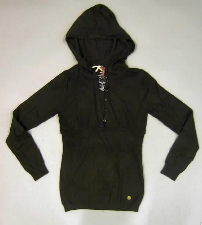 Pullover für Frauen, sog. pulloverähnliches Kleidungsstück, Größe S, siehe beigefügtes Foto,
- aus 1,2 mm dicken, einfarbigen Gewirken aus lt. Antrag 80% Baumwolle, 17 % Nylon und
  3% Elasthan (Elastomergarn, beides synthetische Chemiefasern),
- über die Taille reichend (Rückenlänge: 60 cm),
- mit einer angesetzten Kapuze mit Kordelzug,
- mit einem sehr tiefen, V-förmigen Halsausschnitt,
- vorn mit einer nicht durchgehenden Öffnung mit Knopfverschluss von rechts über links
  (Frauenkleidung),
- mit langen Ärmeln, mit gerippten, abgepasst gewirkten, verengenden  Bündchen,
- unterhalb der Brust leicht gerafft,
- am unteren Rand mit einem gerippten, abgepasst gewirkten, leicht verengenden Bund.