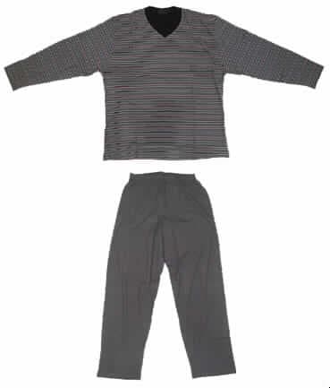 Schlafanzug für Männer, sog. Herren Pyjama, Artikel 190 934, Größe 50, siehe Foto,
- aus 0,5 mm dicken, einfarbigen (Hose: schwarz) und buntgewirkten (Oberteil: grau-schwarz 
  -rot-weiß quergestreift) Gewirken aus lt. Antrag 100 % Baumwolle,
- nach Schnitt (weit geschnitten), Farbaufteilung und Material (lappig) erkennbar dazu be- 
  stimmt, ausschließlich oder im wesentlichen als Nachtkleidung im Bett getragen zu 
  werden,
- Oberteil: mit einem V-förmigen Ausschnitt mit kontrastfarbener Randeinfassung, mit Über- 
  lappung der Ränder von links über rechts (Männerkleidung), 
- mit langen, an den Enden gesäumten Ärmeln,
- etwa bis zum Schritt reichend (Rückenlänge: 73 cm),
- am unteren Rand durch Umschlagen und Festnähen gesäumt,
- lange Hose: in der Taille abschließend; mit einem elastischen Taillenbund ohne Öffnung;
  mit knöchellangen Hosenbeinen; an den Beinabschlüssen gesäumt.