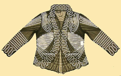 Jacke für Frauen, Style 21277, Gr. 42, s. Abb.;
- aus  1,4 mm dicken, mehrfarbigen Applikationsstickereien der Pos. 5810 mit Stickgrund 
  aus durchscheinenden Kettengewirken (kein Tüll) aus lt. Antragsangaben 100% Viskose 
  (künstl. Chemiefasern), 
- bis die Taille reichend (Rückenlänge: 63 cm),
- mit einem halsfernen Ausschnitt mit Umlegekragen,
- vorn mit einer durchgehenden Öffnung, die mit Knöpfen und Schlaufen von rechts
  über links geknöpft wird (Frauenkleidung),
- mit langen Ärmeln, an den Ärmelenden mit einem wellenartigen, gesäumten Abschluss,
- ungefüttert,
- mit zwei aufgesetzten Taschen unterhalb der Taille, damit keine Hemdbluse,
- am unteren Rand mit einem wellenartigen, gesäumten Abschluss.