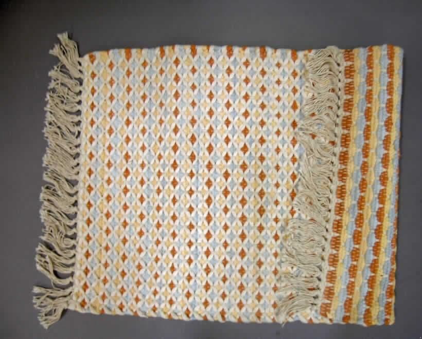 Teppich aus Spinnstoffen, sog. Allzweckteppich (Nr. 7347), siehe Foto,
- rechteckig, in den Abmessungen laut Antrag 70 cm x 50 cm,
- mit einer Dicke von bis zu 8,0 mm,
- laut Untersuchungsergebnis aus Garnen aus (laut Antrag) 100% Baumwolle mit einem
  Schuss aus zugeschnittenen Gewirkestreifen gewebt; ohne Flor,
- kein Kelim, Sumak, Karamanie oder ein denen ähnlicher Teppich,
- mit abgeknoteten Fransen an den Schmalseiten (somit konfektioniert),
- kennzeichnet sich durch seine Festigkeit, Dicke und Steifheit als Fußbodenbelag.