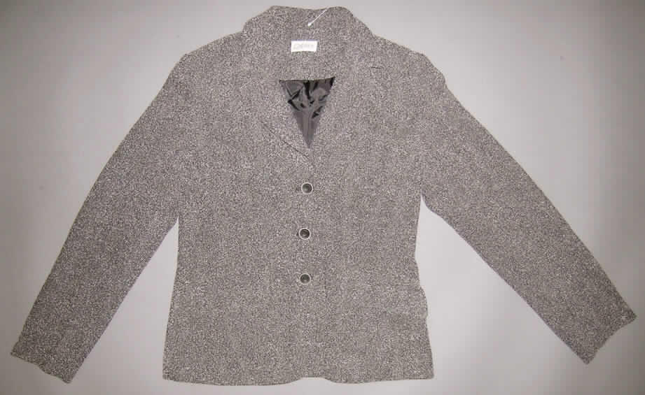 Jacke für Frauen, sog. Blazer (Art. 594-734), Größe 36, siehe Foto,
- aus 1,2 mm dicken, buntgewebten Geweben aus lt. Antrag 83% Polyester (synthetische Chemiefasern) und 
  17% Viskose (künstliche Chemiefasern),
- über die Taille reichend (Rückenlänge: 61 cm),
- mit einem leicht halsfernen Ausschnitt mit Reverskragen,
- vorn mit einer durchgehenden Öffnung mit Knopfverschluss (drei Knöpfe) von rechts über links (Frauenkleidung),
- mit zwei eingesetzten Taschen unterhalb der Taille, mit Patte,
- mit langen Ärmeln,
- in 8 Bahnen formstabil gearbeitet,
- hinten mit zwei 12 cm hoch reichenden Schlitzen,
- leicht gefüttert,
- am unteren Rand durch Umschlagen und Festnähen gesäumt,
- wird aufgrund des körpernahen Schnitts üblicherweise nicht als äußerstes Kleidungsstück über jeder anderen 
  Kleidung getragen und bietet keinen Wetterschutz (somit kein Kleidungsstück der Position 6202).