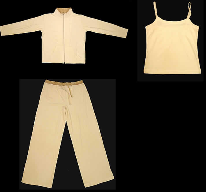 Dreiteilige Zusammenstellung (strickjackenähnliches Kleidungsstück, lange Hose und Pullover), sog. Ladies' 3-pc-set (indoor wear), Größe 36/38, siehe Fotos
- in gemeinsamer Aufmachung für den Einzelverkauf,
- aus 1,5 mm dicken, einfarbigen Samtgewirken aus lt. Antrag 40% Baumwolle, 40% Visko- 
  se (künstl. Chemiefasern) und 20% Polyester (synth. Chemiefasern), mit einer Florober-
  fläche aus 40% Baumwolle, 40% Viskose und 20% Polyester,
- u.a. aufgrund des kontrastfarbenen Taillenbundes der langen Hose nicht aus ein und dem- 
  selben Flächenerzeugnis hergestellt, somit kann die lange Hose mit keinem der beiden 
  Oberteile eine Kombination bilden; u.a. aufgrund der Materialbeschaffenheit auch kein
  Trainingsanzug, deshalb getrennte Einreihung aller Bestandteile,
- lange Hose: 
-- in der Taille abschließend, mit einem elastischen kontrastfarbenen Taillenbund, mit 
   Tunnelzug mit einem flachen Band aus Geweben,
-- ohne Öffnung und ohne Verschluss, 
-- ohne Merkmale, die auf einen bestimmten Trägerkreis hinweisen (unisex),
-- mit Gesäßtasche,
-- mit knöchellangen Hosenbeinen, an den Abschlüssen durch Umschlagen und Festnähen
   gesäumt.