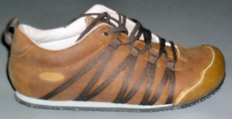Freizeitschuhe, siehe Foto,
- mit Laufsohlen aus (lt. Antrag) Kunststoff; Hauptsohle nicht aus Holz,
- mit Oberteil (geschlossenes Blatt) aus Leder,
- mit Verstärkungsteilen aus Leder, Spinnstoff und Kautschuk,
- mit Schnürsenkelverschluss,
- ohne Schutz in der Vorderkappe, 
- nicht den Knöchel bedeckend, 
- mit einer Länge der Innensohle von mehr als 24 cm, 
- nicht als Männer- oder Frauenschuhe erkennbar,
- nach der Gesamtkonzeption (u.a. starre Brandsohle, Form und Schnitt) 
  nicht für Sportzwecke.