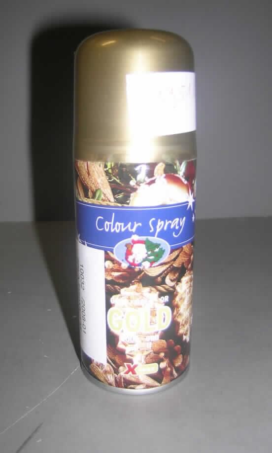 Angaben: (HH-F02)  Gold Glitter Spray
Der Inhalt der Dose soll zu ca. 60% aus Treibmittel, ca. 30% aus Lösungsmittel sowie je ca. 5% eines Bindemittels und eines goldfarbenen Pigmentes bestehen. Das Spray wird zu weihnachtlichen Dekorationszwecken verwendet.
Feststellungen: Bei der Ware handelt es sich um eine 150-ml Farbspray-Dose, die den Aufdruck "Color Spray" enthält und mit weihnachtlichen Motiven bedruckt ist (s.Bild). Beim Versprühen entsteht ein goldfarbener, abriebfester Film. Die Angaben zur Warenzusammensetzung werden als zutreffend unterstellt. 

Befund:  Anstrichfarben und Lacke auf der Grundlage von synthetischen Polymeren oder chemisch modifizierten natürlichen Polymeren, in einem nicht wässrigen Medium dispergiert oder gelöst; auf der Grundlage von Acryl- oder Vinylpolymeren; andere