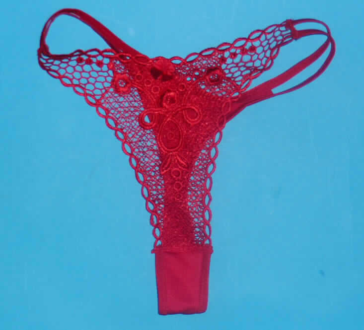 Slip für Frauen, sog. Damenslip, Hersteller-Artikelnummer 21950, Größe S, siehe beigefügtes Foto,
- Vorderseite aus bis zu 1,4 mm dicken, einfarbigen Stickereien der Pos. 5810; Rückseite 
  aus 0,6 mm dicken, einfarbigen Gewirken; beide Flächenerzeugnisse aus lt. Antrag 90% 
  Polyamid und 10% Spandex (beides Chemiefasern),
- nach dem Wert und dem äußeren Erscheinungsbild bestimmen die Stickereien der 
  Pos. 5810 den Charakter der Ware,
- in der Art eines Tangaslips gearbeitet; aufgrund des Schnitts eindeutig als Frauenkleidung
  erkennbar, 
- mit einem elastischen Band im Taillenabschluss,
- ohne Öffnung und ohne Verschluss,
- im Schritt doppelt gearbeitet (sog. Hygieneeinlage).