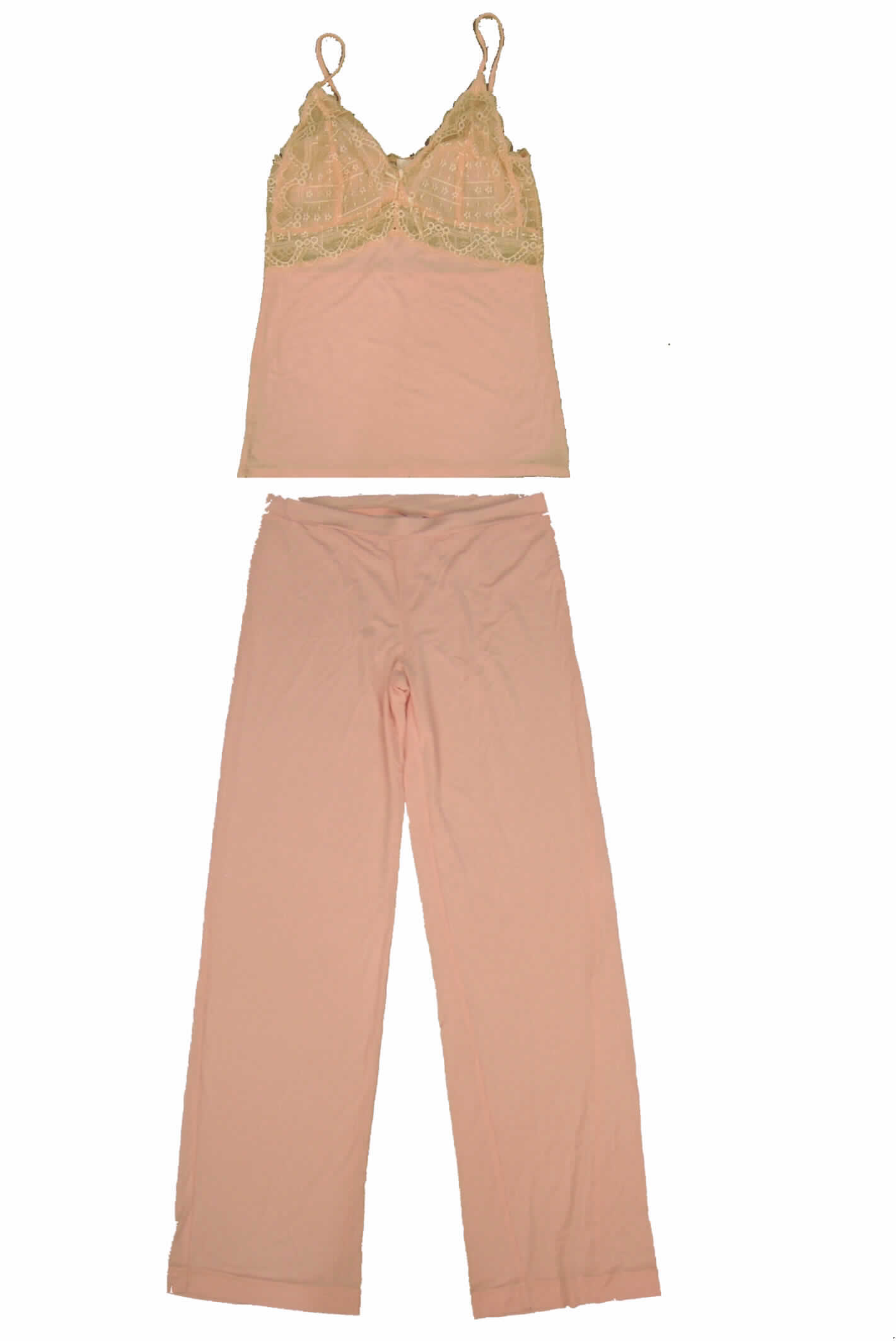 Schlafanzug für Frauen, sog. Ladies Pyjama, Größe S, siehe beigefügtes Foto,
- Oberteil: aus 0,6 mm dicken, einfarbigen (rosa) Gewirken aus lt. Antrag 95% Modal und 5%
  Elasthan (Elastomergarn; beides Chemiefasern) sowie im oberen Teil aus 1,0 mm dicken,
  durchbrochenen Gewirken (Raschelspitze) aus lt. Antrag 94% Nylon und 6% Elasthan (beides
  Chemiefasern),
- lange Hose: aus 0,6 mm dicken, einfarbigen (rosa) Gewirken aus lt. Antrag 95% Modal und 5%
  Elasthan,
- nach Schnitt, Farbe und Gesamteindruck erkennbar dazu bestimmt, ausschließlich oder im
  Wesentlichen als Nachtkleidung im Bett getragen zu werden,
- Oberteil: 
-- über die Taille reichend (Rückenlänge: 60 cm),
-- mit ausgearbeiteten, unterlegten Büstenteilen; anatomisch der weiblichen Körperform angepasst,
   somit erkennbar Frauenkleidung,
-- ohne Öffnung und ohne Verschluss,
-- mit verstellbaren Spagettiträgern,
-- am unteren Rand durch Umschlagen und Festnähen gesäumt,
- lange Hose: 
-- in der Taille abschließend; mit einem elastischen Taillenbund,
-- ohne Öffnung und ohne Verschluss,
-- mit knöchellangen Hosenbeinen, 
-- an den Beinabschlüssen durch Umschlagen und Festnähen gesäumt.