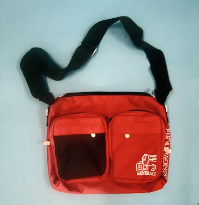 Umhängetasche, sog. Generali Damenhandtasche, siehe Foto,
- mit einer Außenseite aus Spinnstoffen,
- mit einem verstellbaren Schultertragegurt aus Spinnstoffen, der mittels Metallösen an der
  Tasche befestigt ist,
- oben mit einem Doppelreißverschluss verschließbar,
- nicht formstabil,
- an der Vorderseite mit zwei aufgesetzten Einsteckfächern mit Vorfächern, jeweils mit 
  Reißverschluss,
- - ein Einsteckfach mit einem gestickten Logo "Generali",
- innen mit einem Hauptfach ohne weitere Einteilung, seitlich mit einem Handyfach und 
  einem kleinen Einsteckfach mit Reißverschluss,
- mit einer Größe von ca. 33 (B) x 27 (H) x 7 (T) cm,
- Umhängetasche, da u.a. zur Aufnahme größerer Gegenstände bestimmt,
- nicht handgearbeitet.