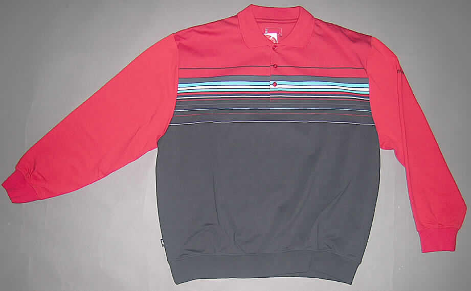 Pullover für Männer, sog. Sweatshirt, Art. 950 JEAN, Größe L, siehe Foto,
- aus 0,8 mm dicken, buntgewirkten Gewirken aus lt. Antrag 100 % Baumwolle,
- mit einem halsnahen Ausschnitt mit Umlegekragen,
- vorn mit einer kurzen Öffnung mit Knopfverschluss von links auf rechts (Männerkleidung),
- mit langen Ärmeln, mit verengenden, gerippten Bündchen,
- über die Taille reichend (Rückenlänge: 71 cm),
- mit einem gerippten, verengenden Bund am unteren Rand (somit u. a. kein Hemd der
  Position 6105 und auch keine Ware der Position 6109).