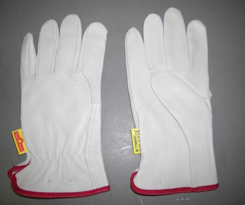 Handschuhe, sog. Gartenhandschuhe (lt. Antrag GA-PM Handschuh Ambiente Professional, 
Art.-Nrn. 7760 039 bis 041, Gr. S,M,L), siehe Foto, 
- als Fünffingerhandschuhe gearbeitet, 
- vollständig aus grau-weiß gefärbtem Leder gearbeitet, 
- mit einer Randeinfassung aus Spinnstoffgeweben, 
- mit einer Verengung durch ein Gummiband im Bereich des Handgelenkrückens, 
- ungefüttert, 
- ohne funktionelle Merkmale von Schutzhandschuhen, 
- nicht erkennbar, ob für Männer oder Frauen bestimmt, 
- aufgemacht auf einer für derartige Waren üblichen Verkaufskartonage.