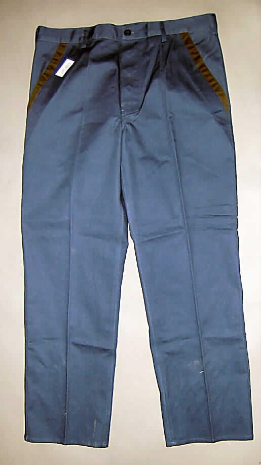 Lange Hose (Arbeitshose) für Männer, sog. Arbeits-Bundhose, Größe 54, siehe Abbildung
- aus verschiedenen, einfarbigen (blau, braun), 0,6 mm dicken, köperbindigen Geweben aus 
  lt. Antrag 100% Baumwolle, 
- ungefüttert,
- in der Taille abschließend; mit einem angesetzten Taillenbund mit Gürtelschlaufen, 
- vorn mit einer Öffnung mit Knopfverschluss und einer Patte von links über rechts (Männerkleidung),
- mit zwei aufgesetzten Gesäßtaschen mit Patte und punktuellem Klettverschluss,
- vorn mit zwei eingesetzten, offenen Taschen mit schrägem Eingriff; das Futter der Taschen besteht
  aus dem gleichen Stoff wie das Obermaterial,
- rechts mit einer aufgesetzten Zollstocktasche und einer weiteren, darauf aufgesetzten, Tasche mit
  Klettriegel-Verschluss,
- mit langen, bis zu den Knöcheln reichenden Hosenbeinen; an den Beinabschlüssen durch Umschlagen 
  und Festnähen gesäumt,
- aufgrund des strapazierfähigen Materials und des zweckbestimmten, einfachen Schnitts erkennbar
  dazu bestimmt, ausschließlich oder hauptsächlich zum Schutz der Person getragen zu werden.