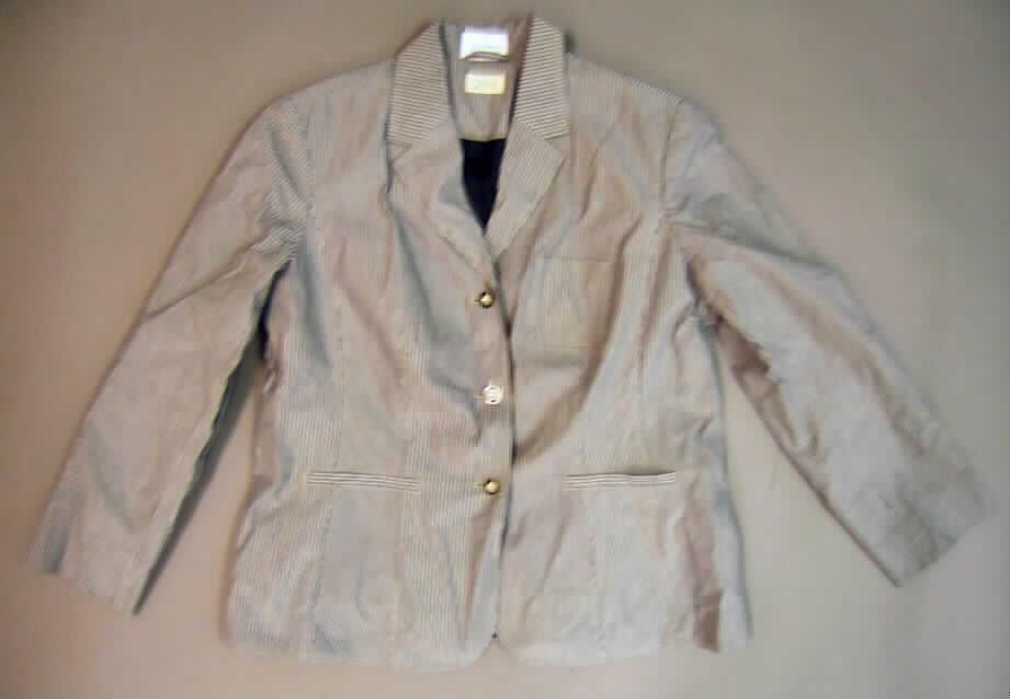 Jacke für Frauen, sog. Anzugblazer Art 597-126, Größe 46, siehe Foto,
- aus 0,5 mm dicken, buntgewebten (Streifenmuster) Geweben aus laut Antrag 100 % Baumwolle
- leicht gefüttert,
- über die Taille reichend (Rückenlänge: 69 cm),
- mit einem halsfernen Reverskragen; mit einer aufgesetzten Brusttasche,
- vorn mit einer durchgehenden Öffnung mit Knopfverschluss (drei Knöpfe) von rechts über 
  links (Frauenkleidung),
- mit zwei eingesetzten, offenen Taschen unterhalb der Taille (somit u.a. keine Hemdbluse),
- mit langen Ärmeln,  
- in acht Bahnen gearbeitet, kennzeichnet sich nach dem Material und der Ausstattung als Jacke,
- am unteren Rand gesäumt, 
- wird üblicherweise nicht als äußerstes Kleidungsstück über jeder anderen Kleidung
  getragen und bietet keinen Wetterschutz (somit kein Kleidungsstück der Position 6202).