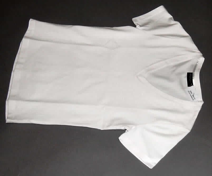 T-Shirt, sog. Ladies V-T, Art. JN 004, Größe S, siehe Foto,
- aus 0,7 mm dicken, somit leichten, einfarbigen Gewirken aus lt. Antrag 95 % Baumwolle
  und 5 % Elasthan (Elastomergarn, beides synthetische Chemiefasern),
- über die Taille reichend (Rückenlänge: 59 cm),
- mit einem V-förmigen, halsfernen, nicht sehr tiefen Ausschnitt, mit Randeinfassung,
- ohne Öffnung und ohne Verschluss,
- mit kurzen, enganliegenden Ärmeln, 
- an den Ärmelenden und am unteren, geraden Rand durch Umschlagen und Festnähen 
  gesäumt.