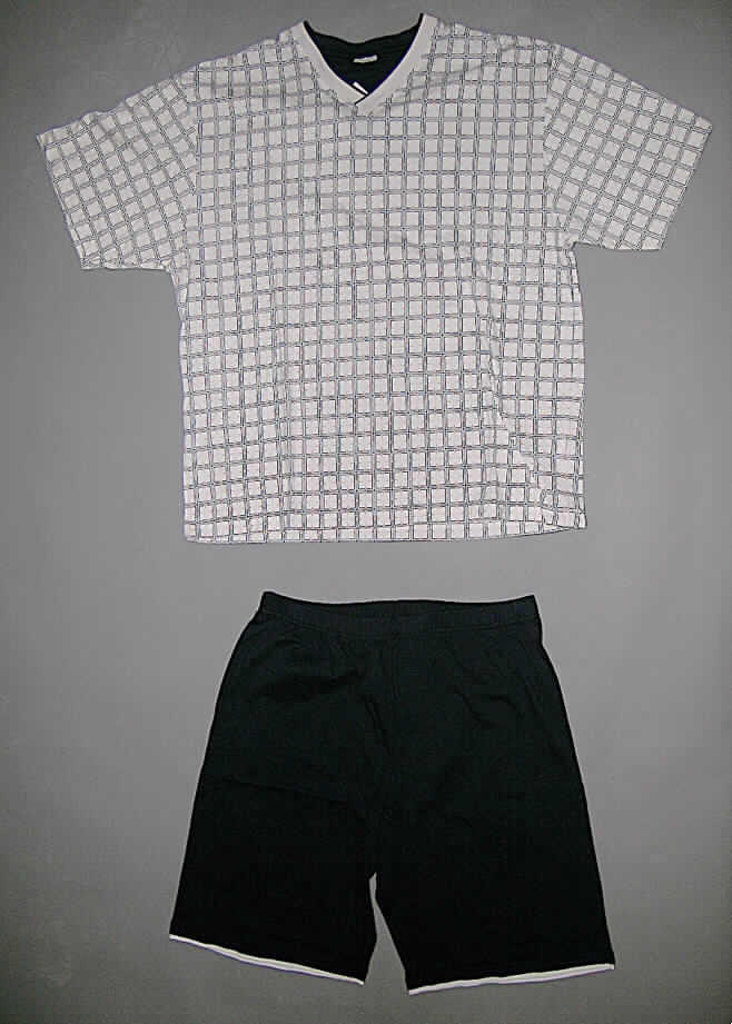 Schlafanzug für Männer, sog. Herren-Shorty, Größe 50/52, siehe Fotos,
- aus 0,5 mm dicken, leichten, einfarbigen Gewirken (Hose: blau) und buntgewirkten Gewir- 
  ken (Oberteil: kleine Karos auf beigem Grund) aus lt. Antrag 100 % Baumwolle; lässt 
  insbesondere aufgrund des leichten, lappigen Materials, des weiten Schnitts und der 
  farblichen Gestaltung erkennen, dass er ausschließlich oder im Wesentlichen als 
  Nachtkleidung getragen wird,
- Oberteil: 
  etwa bis zum Schritt reichend (Rückenlänge: 74 cm); mit einem V-förmigen Ausschnitt mit 
  einfarbiger Randeinfassung, deren Ränder von links über rechts überlappen; ohne Öffnung 
  und ohne Verschluss; mit kurzen, weiten Ärmeln; am unteren Rand durch Umschlagen und
  Festnähen gesäumt.
- kurze Hose: 
  in der Taille abschließend mit einem elastischen Bund; nicht die Knie bedeckend (Seiten- 
  länge: 54 cm); ohne Öffnung und ohne Verschluss; an den Beinabschlüssen mit einer 
  schmalen, kontrastfarbenen Blende.