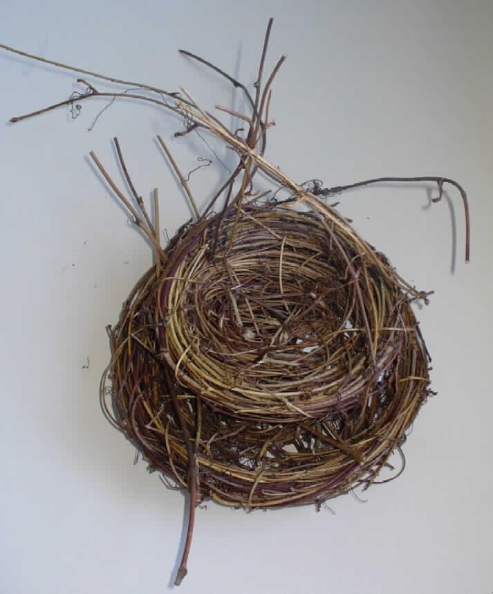 Dekorationsartikel aus Flechtstoffen in Form eines Nestes
- in zwei Größen in runder Form mit leicht gewölbten Rand gearbeitet 
  (kleines Nest: Durchmesser ca. 15 cm, großes Nest: Durchmesser ca. 18 cm),
- unmittelbar aus anderen pflanzlichen Flechtstoffen als Bambus oder Rattan 
  (dünne, biegsame Rebenzeige) hergestellt, die strangartig zu einem geschlossenen
  Kreis geformt worden sind,
- mit vier mittels Metalldraht am Rand befestigten, hoch stehenden Verstrebungen
  (ebenfalls aus jeweils zwei Rebenzweigen), die in der Mitte mit einem Metalldraht 
  zu einer Art Henkel zusammengebunden sind,
- laut Angaben des Antragstellers in Handarbeit gefertigt,
- jeweils zwei Nester kommen als Set in den Handel.