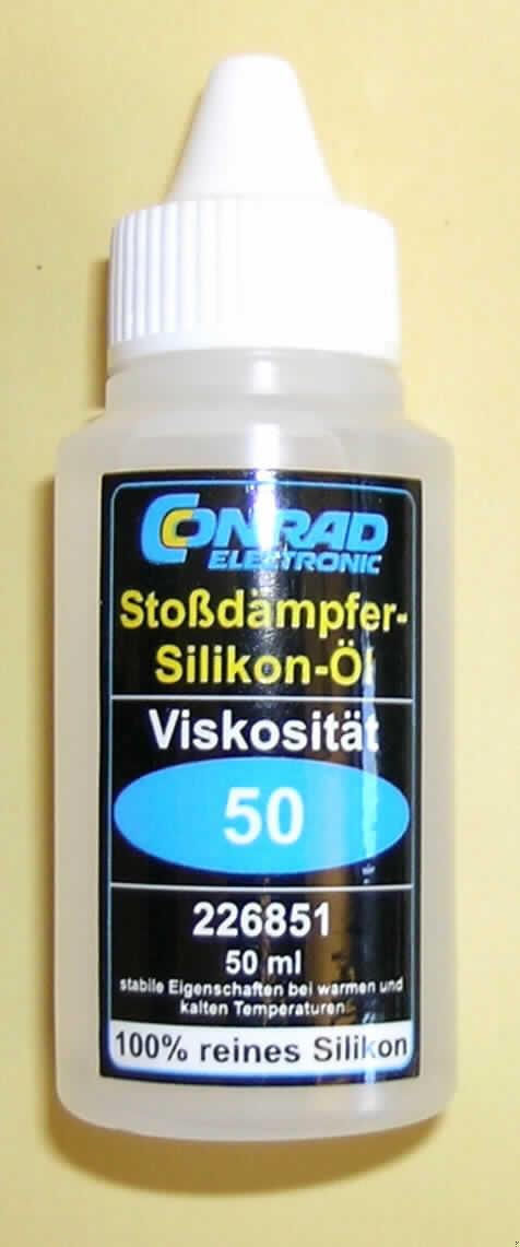 Silikon-Dämpferöl Visko 50 (50ml)  Artikel-Nr.: 226851
Stossdämpferöl für Modellstoßdämpfer

Eine vorgelegte Warenprobe hat die Beschaffenheit eines farblosen, klaren Öls, welches in einer Kunststoffflasche 50 ml (Verkaufseinheit) abgefüllt ist.

Untersuchungsergebnisse:
IR-Spektrum: wie Polydimethylsiloxan
Bei einer Viskosität von 50 mPa * s ist von einer Molmasse von ca. 4200 g/mol für das Polymer auszugehen.