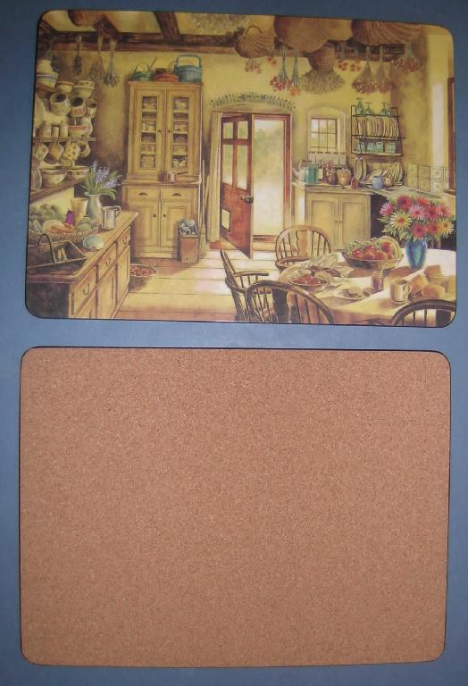 8- teiliges Untersetzer-Set aus Presskork in Form von vier quadratischen Untersetzern für 
Gläser (Abm. ca. 10,5 x 10,5 cm) und vier rechteckigen Untersetzern z.B. für Schüsseln 
(Abm. ca. 29 x 21,5 cm) mit abgerundeten Ecken. Die Untersetzer bestehend jeweils aus 
einer oberen Lage aus Pappe, einer mittleren Lage aus mitteldichter Faserplatte (lt. Angaben
des Antragstellers) und einer unteren Lage aus Presskork, die miteinander verklebt sind. Die 
Papplage ist mit einem nebensächlichen Bilddruck (Motiv: Landhausküche) auf der Oberseite
versehen. Insbesondere im Hinblick auf die Verwendung als Untersetzer (Gleitschutz und 
Schutz der Tischoberfläche) verleiht die Korklage der Ware ihren Charakter. Die Untersetzer 
sind als Set in einem Pappkarton verpackt.