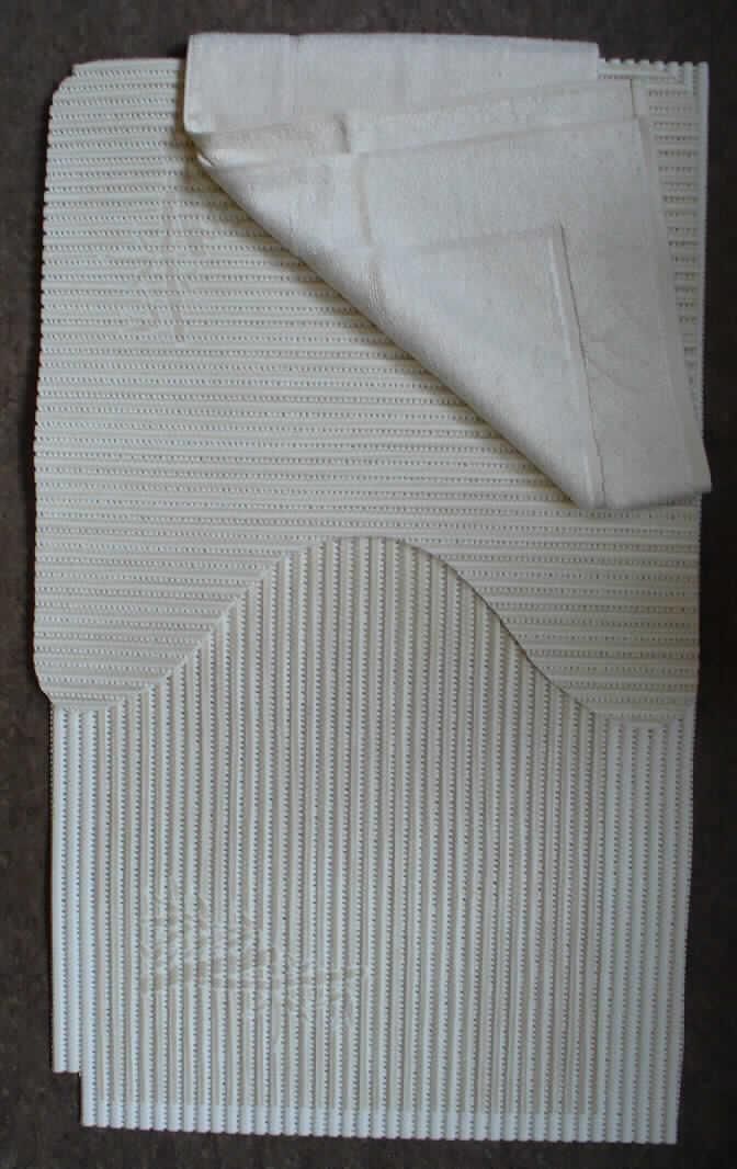 Angaben des Antragstellers: Bad-Garnitur
3-teilige Badgarnitur bestehend aus einer PVC-Matte, einem PVC-Toilettenvorleger und einem textilen Badteppich. Als Warenzusammenstellung in einer Verpackung für den Einzelverkauf aufgemacht.

Feststellungen: 
beigefarbener WC-Vorleger aus Weichschaum mit Gewirkeverstärkung (ca. 48 X 48 cm)
beigefarbene Matte aus Weichschaum mit Gewirkeverstärkung (ca. 50 X 80 cm)
hellbeiger Badteppich aus Spinnstoffen (ca. 60 X 90 cm)
Beim WC-Vorleger und bei der Matte ist das Gewirke vollständig in Kunststoff eingebettet.
IR-Spektrum vom Zellkunststoff: wie Polyvinylchlorid
IR-Spektrum vom Gewirke: wie Polyester