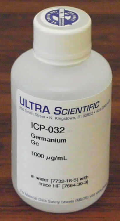 Germanium ICP/DCP standard solution

Angaben:
Farblose, klare, hochreine, flusssäurehaltige  wässerige Lösung mit einem Gehalt von genau 10 Milligramm Germanium (Ge) pro Liter und einem pH von 1-3. Das Etikett trägt den Hinweis "For R&D use only. Not for drug, household or other uses." Die Ware soll zu 100 ml und zu 500 ml vertrieben werden.

Eine Warenprobe wurde nicht vorgelegt.