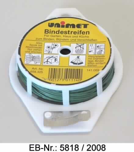 "Bindestreifen"; es handelt sich um ca. 50 m lange Stahldrähte (lt. Antragstellerangabe), eingebettet in einer Kunststofffolie zur Verwendung als Bindedraht. Der Draht ist auf einer Kunststoffspule, die mit einer Abschneidhilfe aus unedlem Metall ausgestattet ist, aufgewickelt.
Querschnittsabmessung (Draht): ca. 0,42 mm 
Gesamtbreite: ca. 2,1 mm

Abbildung siehe Anlage.

Derartige Erzeugnisse gehören als "andere Waren aus Stahldraht" zur Codenummer 7326 2080 90 des Integrierten Zolltarifs der EG (TARIC).