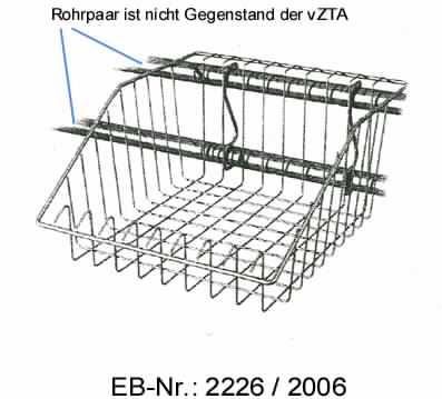 "Metallkorb"; es handelt sich um aus Stahldraht (Querschnittsabmessung: etwa 5,2 mm) geformte, in etwa quaderförmige Gitterkörbe, deren Querseiten in etwa mittig, stumpfwinklig abgeneigt sind, um ein leichteres Hineingreifen zu ermöglichen.
Die Erzeugnisse sind an der höheren Längsseite mit zwei parallel angebrachten, klammerähnlichen Stahldrähten versehen, die dazu dienen, die Körbe an einem Rohrpaar eines Regalsystems (nicht Gegenstand der vZTA) zu befestigen.
Sie sind mit einem "Einleger" auf dem Korbboden versehen.
Abmessungen: etwa 29 cm x 15 cm x 34 cm.
- Antragstellerangaben -

Abbildung siehe Anlage.

Derartige Erzeugnisse gehören als "andere Waren aus Stahldraht (Körbe)" zur Codenummer 7326 2050 00 des Integrierten Zolltarifs der EG (TARIC).