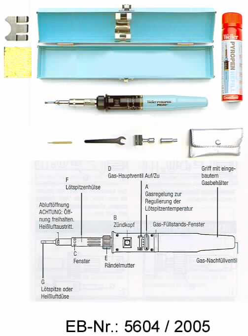 Es handelt sich um Zusammenstellungen, bestehend aus einem Lötkolben, einer Gas-Nachfüllflasche, einem Reinigungsschwamm, einem Ablageclip und einer hitzebeständigen Zubehörtasche, die eine austauschbare Heißluftdüse und einen auswechselbaren Reflektor-Vorsatz, jeweils aus unedlem Metall, sowie einen Schraubenschlüssel und einen Spannbolzen, aus unedlem Metall, zu deren Montage enthält. 
Der mit freiem Arm zu handhabende Lötkolben (charakterbestimmend) weist eine schraubendreherförmige Lötspitze aus unedlem Metall (Stahl) als arbeitenden Teil auf. Diese ist mittels der Lötspitzenhülse sowie einer Rändelmutter an einem Griff mit eingebautem Gasbehälter mit Sichtfenster und Knöpfen zur Regelung der einzelnen Einstellungen (Zündkopf, Gas-Hauptventil, Gasregulierung) befestigt. 
Die Erzeugnisse befinden sich mit Ausnahme der Gas-Nachfüllflasche in einer Metallbox zur sicheren Aufbewahrung des Lötkolbens. 
Die Metallbox sowie die Nachfüllflasche sind gemeinsam mit einer Bedienungsanleitung in einer Styroporverpackung in einem bedruckten Pappkarton für den Einzelverkauf aufgemacht. 

Abbildung siehe Anlage.

Derartige Erzeugnisse gehören als "Lötlampen und dergleichen" zur Codenummer 8205 6000 00 des Integrierten Zolltarifs der EG (TARIC).