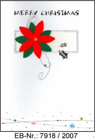 Bei der als "Weihnachtskarte" bezeichneten Ware handelt es sich um eine Faltkarte aus weißem Kartonpapier (Format etwa 26 x 17,7 cm, einmal mittig auf etwa 13 x 17,7 cm gefalzt), die auf der Vorderseite mit dem Schriftzug "merry christmas" und Illustrationen silberfarben bedruckt, sowie mit einer stilisierten Weihnachtssternblüte, gefertigt aus je einem roten und grünen Filzzuschnitt, beklebt und mit Glitter, aufgeklebten farbigen Strasssteinchen, Kunststoffpailletten und einem aus Metalldraht gefertigten Schnörkel verziert ist. Die Rückseite ist mit kurzen Herstellerangaben bedruckt. 
Nach den ergänzenden Angaben der Antragstellerin ist die Karte gemeinsam mit einem Briefumschlag aus Papier in Folie verpackt. 

Abbildung siehe Anlage.

Derartige Waren gehören als "Glückwunschkarten, illustriert, mit Umschlägen oder Verzierungen aller Art" zur  Codenummer 4909 0090 00 des Integrierten Zolltarifs der EG (TARIC).