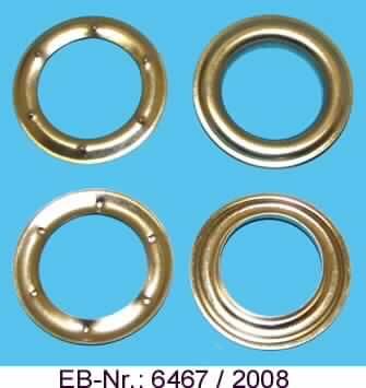"Metallösen für Ösenvorhänge"; es handelt sich um noch nicht zusammengesetzte, kreisrunde Ösen für Vorhänge, bestehend aus einem leicht gewölbten Ring (Scheibe) aus Stahl (Außendurchmesser ca. 6,2 cm), der mit sechs Einkerbungen versehen ist und einem zweiten gewölbten Ring aus Stahl (Außendurchmesser ca. 6,2 cm), der an der Innenseite zu einem Rand (Höhe ca. 4 mm) ausgearbeitet ist. Die Erzeugnisse werden durch Umbördeln miteinander verbunden (lt. Antragstellerangabe) und sichern Löcher in Vorhängen vor dem Ausreißen.

Abbildung siehe Anlage.

Derartige Erzeugnisse gehören als "Ösen aus unedlen Metallen, zum Ausrüsten anderer Waren" zur Codenummer 8308 1000 00 0 des Elektronischen Zolltarifs.