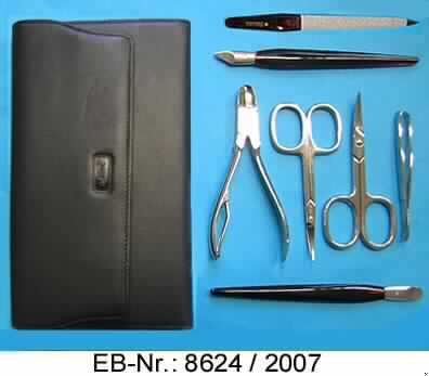 "Maniküre-Etui"; es handelt sich um Zusammenstellungen für die Hand- und Fußpflege, bestehend aus einer Pinzette, einer Nagelschere, einer Hautschere, einer Nagelzange, einer Nagelfeile und zwei Hautschiebern, jeweils mit arbeitendem Teil aus unedlem Metall (Stahl, lt. Antragstellerangabe), teilweise mit einem Kunststoffgriff versehen.
Die Erzeugnisse befinden sich in einem Etui, das im Wesentlichen aus Leder besteht. Das Innenmaterial des Etuis ist aus Wirksamt und es wird mit einem Druckknopf verschlossen (lt. Antragstellerangaben).
Das Etui ist in einem Pappkarton für den Einzelverkauf aufgemacht.

Abbildung siehe Anlage.

Derartige Erzeugnisse gehören als "Zusammenstellungen, für die Hand- und Fußpflege (einschließlich Nagelfeilen)" zur Codenummer 8214 2000 00 0 des Elektronischen Zolltarifs.