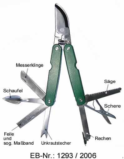 Es handelt sich um Gartenscheren mit klappbaren Griffschalen, in die unlösbar eine Messerklinge, eine Schaufel, eine Feile und ein sog. Maßband, ein Unkrautstecher, ein Rechen, eine Schere und eine Säge eingesetzt sind. Zusammengeklappt sind die arbeitenden Teile, außer die der Gartenschere, in den Griffschalen untergebracht.
Alle arbeitende Teile sind aus Stahl und die Griffschalen sind aus Kunststoff gefertigt.
Die Erzeugnisse sind in einem Etui mit Gürtelschlaufe aus Spinnstoffen verpackt.
Länge der Erzeugnisse: etwa 19,5 cm.

Abbildung siehe Anlage.

Derartige Erzeugnisse gehören als "Gartenscheren" zur Codenummer 8201 5000 00 des Integrierten Zolltarifs der EG (TARIC).