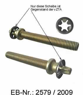 Es handelt sich um kreisrunde Scheiben (Außendurchmesser etwa 15 mm) aus verzinktem Stahl (kein nicht rostender Stahl) mit mittiger, sternförmiger Lochung und nach oben gebogenem Außenrand.
Die Erzeugnisse werden auf eine sog. Stellschraube (nicht Gegenstand dieser vZTA) aufgepresst und als Sicherungselement beim Zusammenbau von Riemenspannern verwendet. 

Abbildung siehe Anlage.

Derartige Erzeugnisse gehören als "Sicherungsscheiben aus Stahl" zur Codenummer 7318 2100 99 des Integrierten Zolltarifs der EG (TARIC).