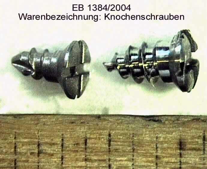 �Knochenschrauben�; das sind Schrauben in zwei verschiedenen Längen und Durchmessern (1,3 x 3 mm und 1,7 x 5,5 mm) aus Titan (lt. Antragstellerangabe), mit bis zum runden Kopf reichendem, selbstschneidenden Gewinde, mit Kreuzschlitz und spitzem Schaftende, zum Teil mit Selbstbohrspitze.
Die Erzeugnisse werden im menschlichen Körper zur Fixierung von Knochen bei Frakturen eingesetzt.
Die Schrauben sind in einem Kunststoffkästchen (nicht steril) zu jeweils fünf oder sechs Stück untergebracht und mit einem Beipackzettel in einem Kunststoffbeutel für den Einzelverkauf aufgemacht.

Abbildung siehe Anlage.

Derartige Erzeugnisse gehören als �andere Waren aus Titan� zur Codenummer 
8108 9090 99 0 des Elektronischen Zolltarifs.