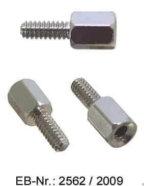 "Gewindebolzen"; das sind Schrauben aus einer Kupfer-Zink-Legierung mit gewichtsmäßig vorherrschendem Kupfergehalt (Messing), vernickelt, mit einem etwa 6 mm langen Außensechskantkopf mit Innengewinde, mit einem bis zum Kopf reichendem metrischen Gewinde und stumpfem Gewindeende.
Die Erzeugnisse werden zur Befestigung von Steckverbindern an Gehäusen verwendet.
Gesamtlänge: etwa 13 mm
Gewindedurchmesser: etwa 2,7 mm
- Antragstellerangaben -

Abbildung siehe Anlage.

Derartige Erzeugnisse gehören als "Schrauben aus Kupfer" zur Codenummer 7415 3300 00 0 des Elektronischen Zolltarifs.