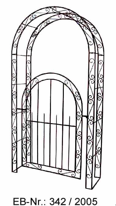 "Rosenbogen mit Tür"; es handelt sich i. W. um aus Stahl gefertigte, etwa 110 cm hohe Tore (Breite: etwa 90 cm), die mit einem Scharnier an einem Rosenbogen (Höhe: etwa 230 cm; maximale Breite: etwa 120 cm; Tiefe: etwa 40 cm) befestigt sind. Die Erzeugnisse sind mit je zwei Lochungen an den untersten Seitenverstrebungen des Rosenbogens zur Befestigung am Boden versehen.
Die Erzeugnisse sind zerlegt und können mit beigefügten Schrauben montiert werden.  
- Antragstellerangaben -

Abbildung siehe Anlage.

Derartige Erzeugnisse gehören als "Konstruktionsteile (Tore und deren Rahmen) aus Stahl" zur Codenummer 7308 3000 00 0 des Elektronischen Zolltarifs.