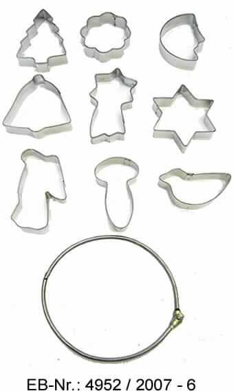 Es handelt sich um mit freiem Arm zu handhabende Ausstechformen aus Stahlblech mit neun verschiedenen stilisierten Querschnitten (Engel, Glocke, Stern, Tannenbaum, Blume, Sternschnuppe, Mond, Vogel und Pilz) zum Ausformen von Kleingebäck.
Länge der Erzeugnisse ca. 5 - 8 cm.
Die Erzeugnisse sind auf einem Ring aus Stahldraht mit Verschluss aufgereiht, der in einem Kunststoffbeutel verpackt ist, und befinden sich mit einem Spritzbeutelset, einem Teigschaber, einem Pinsel, einer sog.  Linzer Ausstechform mit zwei weiteren Einsätzen sowie Papierbackförmchen in einer Dose (alle nicht Gegenstand der vZTA).

Abbildung siehe Anlage.

Derartige Erzeugnisse gehören als "Handwerkzeuge (Haushaltswerkzeuge) aus unedlen Metallen, anderweit weder genannt noch inbegriffen" zur Unterposition 8205 5100 der Kombinierten Nomenklatur.
