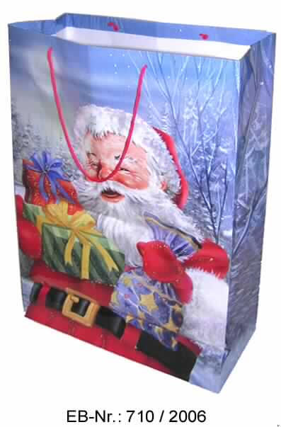 Bei dem als "große Weihnachts-Papiertasche mit Weihnachtsmann-Motiv" bezeichneten Erzeugnis handelt es sich um einen geklebten, außen mit einem Weihnachtsmannmotiv farbig bedruckten, innen weißen Blockbodenbeutel aus Papier aus Halbstoff aus Holz (Größe des zusammengefalteten Beutels etwa 62 x 45,5 cm), mit je einer Seitenfalte und einem rechteckigen Boden (Größe etwa 17,8 x 45,5 cm). Auf den Außenseiten ist das Papier mit einer Lage Kunststoff überzogen, wobei die Dicke der Kunststofflage nicht mehr als die Hälfte der Gesamtdicke des Erzeugnisses ausmacht. Der Beutel ist am Boden und am oberen Rand mit Verstärkungen aus Pappe sowie mit zwei Tragehenkeln aus roter Spinnstoffkordel versehen. 
Derartige Erzeugnisse gehören als "Beutel, mit einer Bodenbreite von 40 cm oder mehr, aus Papier und Pappe" zur Codenummer 4819 3000 00 0 des Elektronischen Zolltarifs.