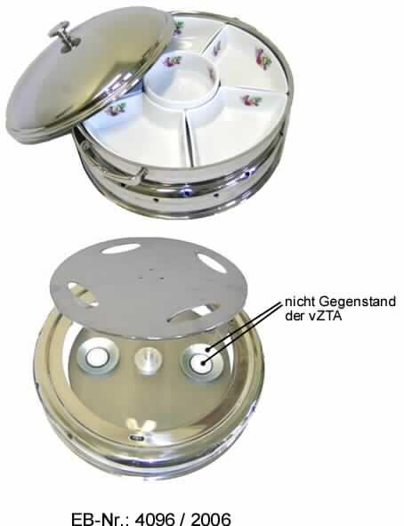 "Serving Dome"; es handelt sich um vollständig aus Stahl gefertigte, zusammengesetzte Warmhaltevorrichtungen, i.W. bestehend aus einem kreisrunden Gestell (Durchmesser: etwa 28,5 cm) mit zwei Öffnungen zur Aufnahme von Halterungen für feste Brennstoffe (nicht Gegenstand der vZTA) und einer passgenauen Platte, die auf das Gestell gelegt wird. 
Die Auflagefläche dient zum Abstellen einer Pfanne (Durchmesser x Höhe: etwa 27 cm x 6 cm) aus Stahl zur Aufnahme von 6 herausnehmbaren Schalen aus Keramik. Die Pfanne ist mit zwei gegenüberliegenden Griffen sowie mit einem gewölbten Deckel mit einem Knauf versehen.
Die Erzeugnisse dienen zum Warmhalten von verschiedenen Speisen.
Sie sind in einem Pappkarton verpackt.
- Antragstellerangaben -

Abbildung siehe Anlage.

Derartige Erzeugnisse gehören als "den Tellerwärmern ähnliche nichtelektrische Haushaltsgeräte aus Stahl (Warmhaltevorrichtungen, für Feuerung mit festen Brennstoffen)" zur Codenummer 7321 1900 00 des Integrierten Zolltarifs der EG (TARIC).