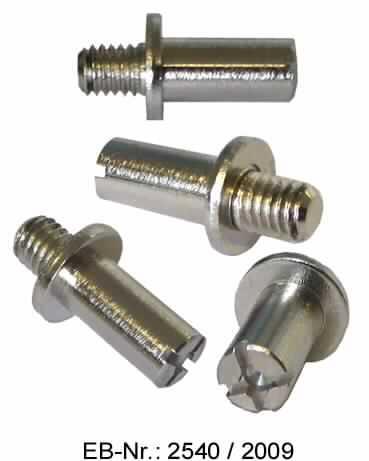 "Türschließbolzen mit Scheibe"; das sind zylindrische Erzeugnisse aus Stahl, die auf der einen Seite ein etwa 7 mm langes Gewinde (Durchmesser: etwa 5,9 mm) und auf der anderen Seite einen etwa 13,6 mm langen "Schaft" (Durchmesser: etwa 7 mm) aufweisen, der exzentrisch mit einem Kreuzschlitz endet. Zwischen Gewinde und "Schaft" sind die Erzeugnisse mit einem Teller (Durchmesser: etwa 11,8 mm) ausgestattet.
Die nicht zum Verbinden dienenden Erzeugnisse werden als Türschließbolzen verwendet und arretieren dabei die Schließstange.
-Antragstellerangaben-

Abbildung siehe Anlage. 

Derartige Erzeugnisse gehören als "Beschläge aus unedlen Metallen, für Möbel" zur
Unterposition 8302 4200 der Kombinierten Nomenklatur.