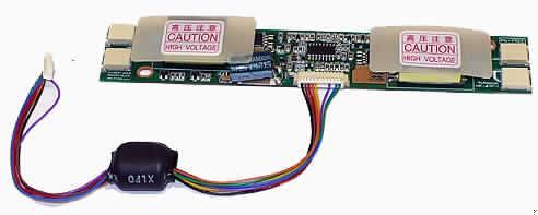 Wechselrichter (Inverter für LCD-Hintergrundbeleuchtung)
- aus einer mit monolithischen integrierten Schaltungen, Transformatoren, Kondensatoren 
  und weiteren aktiven und passiven Bauelementen bestückten gedruckten Schaltung mit 
  Anschlüssen und Verbindungskabel (Abbildung s. Anlage),
- zum Umwandeln einer Eingangsgleichspannung von 12 V in eine 
  Ausgangswechselspannung bei einer Leistung von weniger als 7,5 kVA,
- zum Einbau in LCD-Displays zum Betrieb der Hintergrundbeleuchtung.

"Elektrischer Stromrichter, nicht von der mit Telekommunikationsgeräten oder automatischen
 Datenverarbeitungsmaschinen und ihren Einheiten verwendeten Art, Wechselrichter, mit 
 einer Leistung von 7,5 kVA oder weniger, nicht für zivile Luftfahrzeuge."