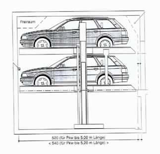 Autoparksystem 
- aus Plattformen in den Grundversionen Einzelbühne EB (für 2 Pkw) und Doppelbühne DB 
  (für 2 x 2 Pkw), nach Stellplätze-Anzahl individuell ausgelegt, mit verstellbaren 
  Radanschlägen und Auffahrblechen, vertikal geführt in Standsäulen mit Schiebestücken und 
  Gleitführungen auf Fundamentschienen, mechanischem Gleichlaufsystem, 
  Verbindungsstützen, Hub-Hydraulik aus Hydraulikzylindern, Ventilen, Leitungen und 
  Druckschläuchen, Hydraulikaggregat mit Drehstrom-Motor sowie mit einem über Kabel 
  verbundenen Befehlsgerät mit Schlüssel-Bedienung, mit waagrechten Stellplätzen
  (Abbildung siehe Anlage),
- zum unabhängigen mechanischen Ein-/Ausparken von Kraftfahrzeugen übereinander.

"Maschine zum Heben (Funktionelle Einheit aus Maschine zum Heben und Steuereinheit) - sog. Stapelparker für Kraftfahrzeuge"