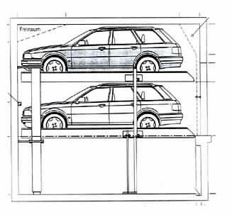 Autoparksystem
- aus Plattformen  in den Grundversionen Einzelbühne EB (für 2 Pkw) und Doppelbühne DB 
  (für 2 x 2 Pkw), nach Stellplätze-Anzahl individuell ausgelegt, mit verstellbaren 
  Radanschlägen und Auffahrblechen, vertikal geführt in Standsäulen mit Schiebestücken und 
  Gleitführungen, Ketten und Kettenräder, mechanischem Gleichlaufsystem, 
  Verbindungsstützen, Hub-Hydraulik aus Hydraulikzylindern, Ventilen, Leitungen und 
  Druckschläuchen, Hydraulikaggregat sowie mit einem über Kabel verbundenen Befehlsgerät 
  mit Schlüssel-Bedienung mit waagrechten Stellplätzen (Abbildung siehe Anlage),
- zum unabhängigen mechanischen Ein-/Ausparken von Kraftfahrzeugen übereinander.

"Maschine zum Heben (Funktionelle Einheit aus Maschine zum Heben und Steuereinheit)  - sog. Stapelparker für Kraftfahrzeuge"