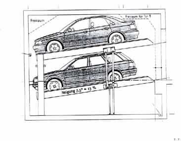 Autoparksystem  (Standplattformen), 
- aus Plattformen in den Grundversionen Einzelbühne EB (für 2 Pkw) und Doppelbühne DB 
  (für 2 x 2 Pkw), nach Stellplätze-Anzahl individuell ausgelegt, mit verstellbaren   
  Radanschlägen und Auffahrblechen, vertikal geführt in Standsäulen mit Schiebestücken und 
  Gleitführungen auf Fundamentschienen, mechanischem Gleichlaufsystem, Verbindungs- 
  stützen, Hub-Hydraulik aus Hydraulikzylindern, Ventilen, Leitungen und Druckschläuchen, 
  Hydraulikaggregat sowie mit einem über Kabel verbundenen Befehlsgerät mit 
  Schlüssel-Bedienung mit geneigten Stellplätzen (Abbildung siehe Anlage),
- zum unabhängigen mechanischen Ein-/Ausparken von Kraftfahrzeugen übereinander.

"Maschine zum Heben (Funktionelle Einheit aus Maschine zum Heben und Steuereinheit)  - sog. Stapelparker für Kraftfahrzeuge"