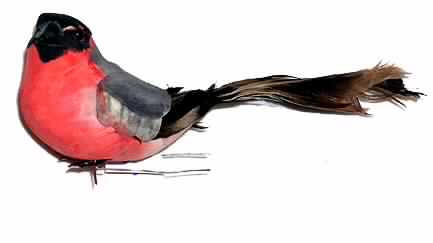 Tiernachbildung "Dompfaff",
- bestehend aus einem entprechend geformten Körper (Vogel) aus Polystyrol-
  Schaumkunststoff (ohne eigene zierende Wirkung),
- auf der gesamten Oberfläche beklebt mit einem getrockneten, gefärbten bzw. bemalten 
  pflanzlichen Material (Parenchymgewebe), die Flügelansätze bestehen ebenfalls aus 
  diesem Material,
- Flügelspitzen und Schwanz bestehen aus angeklebten echten Federn,
- mit angeklebten Augen aus Kunststoff, Schnabel aus Papier,
- die Füße aus Kunststoff sind mit einem unedlen Metalldraht am Körper befestigt,
- Abmessungen ca. 3,5 x 4,5 x 11 cm,
- zu Zierzwecken.

"Ziergegenstand aus getrockneten blütenlosen Pflanzenteilen, weitergehend bearbeitet als 
nur getrocknet, nicht zur Herstellung von Potpourries (zusammengesetzte Ware aus 
Pflanzenteilen -charakterbestimmend-, Federn, Kunststoff, Metall und Papier); sog. 
Tiernachbildung Dompfaff"