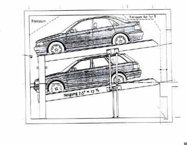 Autoparksystem  (Standplattformen), 
- aus Plattformen in den Grundversionen Einzelbühne EB (für 2 Pkw) und Doppelbühne DB 
  (für 2 x 2 Pkw), nach Stellplätze-Anzahl individuell ausgelegt, mit verstellbaren   
  Radanschlägen und Auffahrblechen, vertikal geführt in Standsäulen mit Schiebestücken und 
  Gleitführungen auf Fundamentschienen, mechanischem Gleichlaufsystem, Verbindungs- 
  stützen, Hub-Hydraulik aus Hydraulikzylindern, Ventilen, Leitungen und Druckschläuchen, 
  Hydraulikaggregat sowie mit einem über Kabel verbundenen Befehlsgerät mit 
  Schlüssel-Bedienung mit geneigten Stellplätzen (Abbildung siehe Anlage),
- zum unabhängigen mechanischen Ein-/Ausparken von Kraftfahrzeugen übereinander.

"Maschine zum Heben (Funktionelle Einheit aus Maschine zum Heben und Steuereinheit)
 nicht für zivile Luftfahrzeuge - sog. Stapelparker für Kraftfahrzeuge"