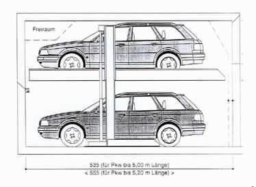 Autoparksystem  
- aus einer Plattform (Einzelbühne für 2 Pkw) mit verstellbarem Radanschlag und 
  Auffahrblech, vertikal geführt in Standsäulen mit Schiebestücken und Gleitführungen auf 
  Fundamentschienen, mechanischem Gleichlaufsystem, Hub-Hydraulik aus 
  Hydraulikzylinder, Ventilen, Leitungen und Druckschläuchen, Hydraulikaggregat mit 
  Drehstrom-Motor, Elektro-Ausrüstung sowie mit einem über Kabel verbundenen  
  Befehlsgerät mit Schlüssel-Bedienung mit waagrechten Stellplätzen (Abbildung siehe
  Anlage),
- zum mechanischen Ein-/Ausparken von Kraftfahrzeugen übereinander.

"Maschine zum Heben (Funktionelle Einheit aus Maschine zum Heben und Steuereinheit)
nicht für zivile Luftfahrzeuge - sog. Stapelparker für Kraftfahrzeuge"