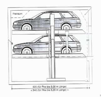 Autoparksystem 
- aus Plattformen in den Grundversionen Einzelbühne EB (für 2 Pkw) und Doppelbühne DB 
  (für 2 x 2 Pkw), nach Stellplätze-Anzahl individuell ausgelegt, mit verstellbaren 
  Radanschlägen und Auffahrblechen, vertikal geführt in Standsäulen mit Schiebestücken und 
  Gleitführungen auf Fundamentschienen, mechanischem Gleichlaufsystem, 
  Verbindungsstützen, Hub-Hydraulik aus Hydraulikzylindern, Ventilen, Leitungen und 
  Druckschläuchen, Hydraulikaggregat mit Drehstrom-Motor sowie mit einem über Kabel 
  verbundenen Befehlsgerät mit Schlüssel-Bedienung, mit waagrechten Stellplätzen
  (Abbildung siehe Anlage),
- zum unabhängigen mechanischen Ein-/Ausparken von Kraftfahrzeugen übereinander.

"Maschine zum Heben (Funktionelle Einheit aus Maschine zum Heben und Steuereinheit)
nicht für zivile Luftfahrzeuge - sog. Stapelparker für Kraftfahrzeuge"