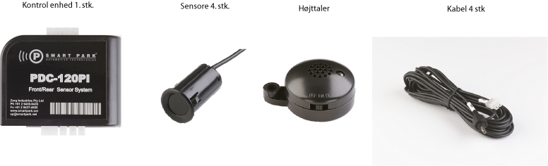 Produktet er ifølge det oplyste en parkerings sensor.

Parkerings sensoren består af:
•	1 stk kontrolenhed
•	4 stk sensorer
•	1 stk højttaler, incl med lysdiode
•	4 stk kabler

Anvendelse
Parkerings sensoren er beregnet til montering på biler. Parkerings sensoren registrerer, når bilen nærmer sig objekter og advarer føreren af bilen mod dem. Advarselen gives i form af lyd og blinkende lys (lysdiode).
