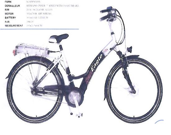 Cykel med el-dreven hjælpemotor.

Cyklen er en to-hjulet cykel med 28” hjul og med el-dreven hjælpemotor. Moto-ren har motoreffekt på 36 V * 250 W og er med et lithium 36 V * 10 ah batteri.

Cyklen er med 7 gear, og er med dynamo for- og baglygte.

Produktet leveres komplet i karton og har en netto vægt på 28 kg.