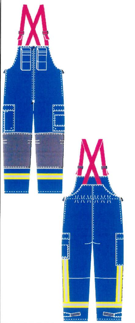 Produktet er et par overall i brandhæmmende materiale, fremstillet ved sammensyning af 2 lag, henholdsvis yderstof og foer.

Overalls er mørk navy blå, med røde seler og med gule/grå refleks strimler.

Overalls er forsynet med:
Røde seler.
Lommer: 1 sidelomme på begge ben og med 1 knivlomme på højre lomme, 2 inderlommer og 2 lommer til radio på front.
Refleks strimler: 1 strimmel om begge ben og 1 strimmel vertikalt på begge ben. Refleks strimlerne er med en bredde på 5 cm.