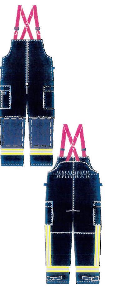 Produktet er et par overall i brandhæmmende materiale, fremstillet ved sammensyning flere lag.

Overalls er mørk navy blå, med røde seler og med gule/grå refleks strimler.

Overalls er forsynet med:
Røde seler.
Lommer: 2 inderlommer, 1 lomme på siden af begge ben og 1 kniv lomme på højre lomme.
Refleks strimler: 1 strimmel om begge ben og 1 strimmel vertikalt på for siden af begge ben. Refleks strimlerne er med en bredde på 5 cm og 7,5 cm.